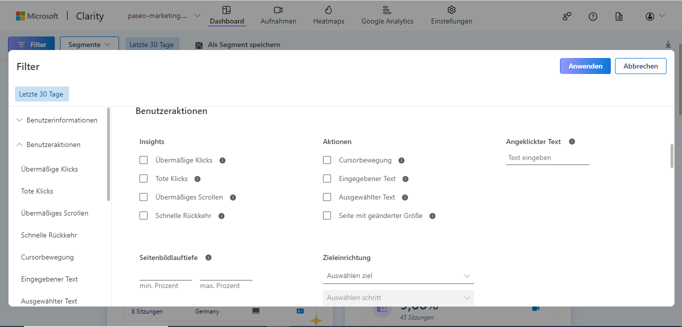 Ein Screenshot aus dem Microsoft Clarity Dashboard. An dieser Stelle können die Filter für Dead Klicks, Rage Clicks, Exzessives Scrolling sowie Quick Backs ausgewählt werden.