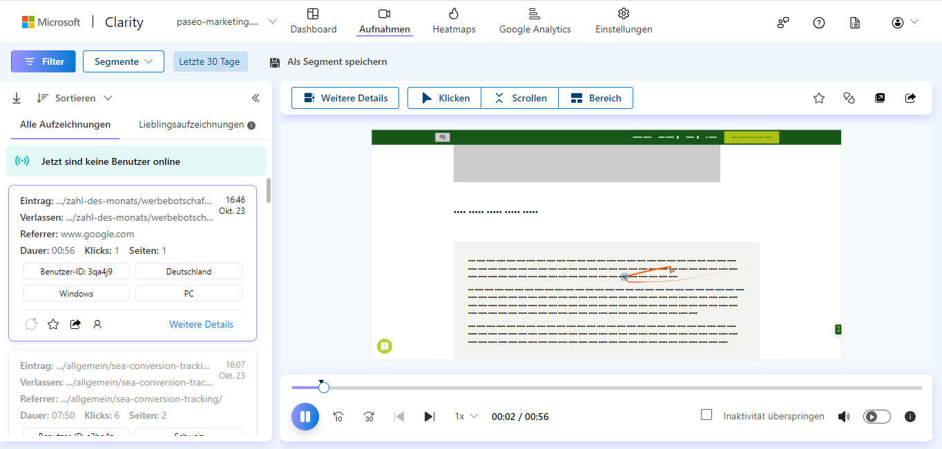 Ein Screenshot der Sitzungswidergaben aus dem Microsoft Clarity Tool.