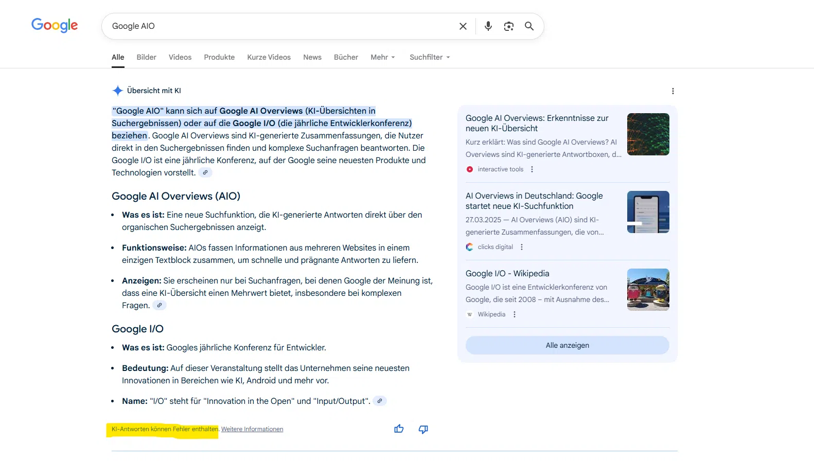 Google AIO Ergebniss für Google AIO
