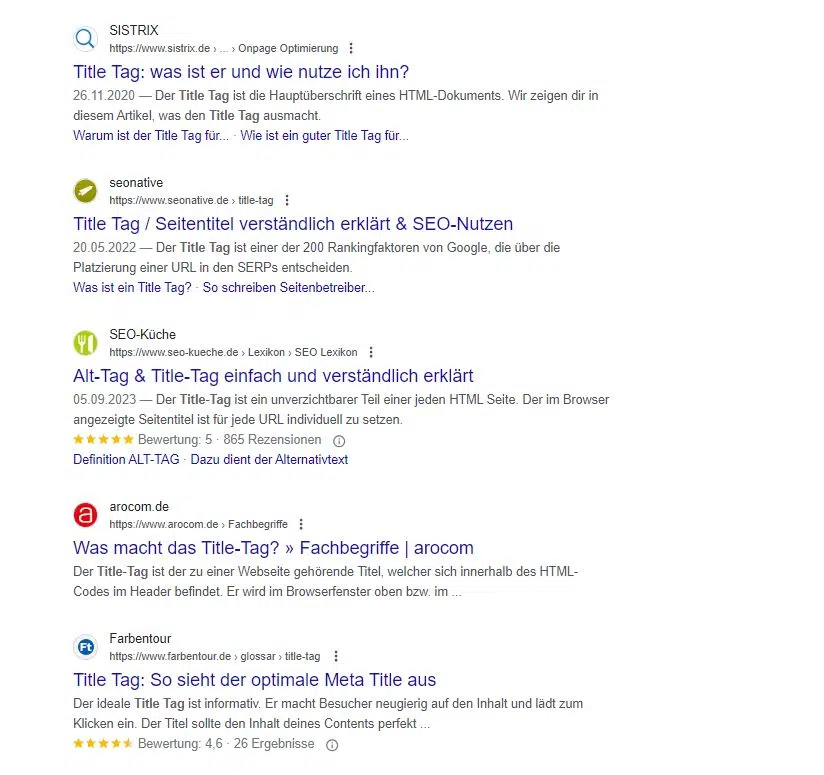 Beispiele in den SERPs für unsterschiedliche Titles zum Suchbegriff Title Tag