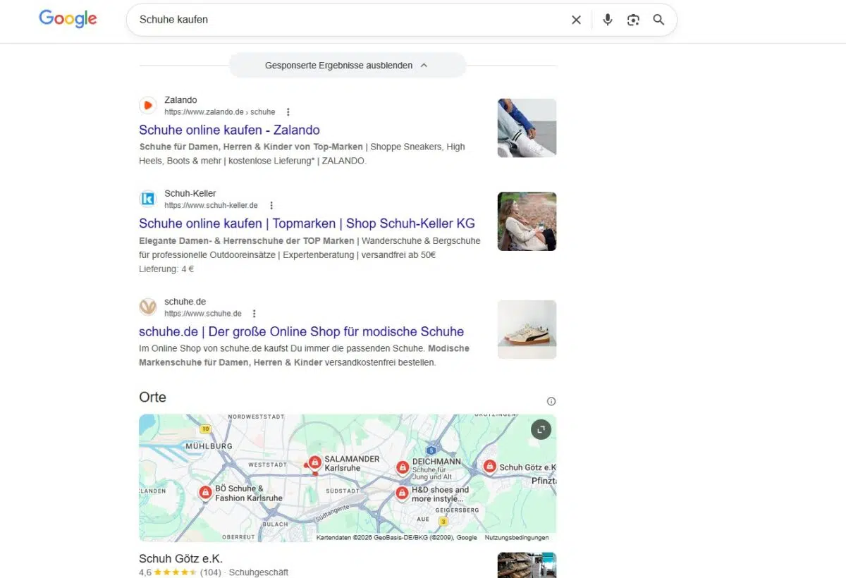 Beispiel für transaktionalen Suchbegriff Schuhe kaufen mit Shoping und Map Ergebnis